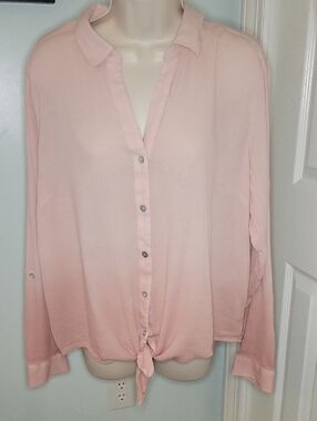J. Jill Blush Pink Ombre Button Down Tie-Hem Gauze Shirt Size Large